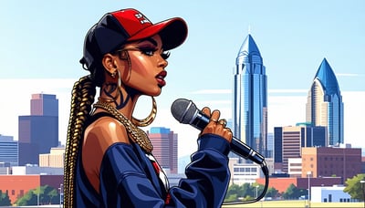 Illustration of a female rapper holding a microphone in front of the Atlanta skyline Illustration of a female rapper holding a microphone in front of the Atlanta skyline